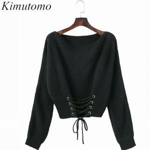 Kimutomo Femmes Pull Noir Printemps Automne Femme Solide O-Cou Lacet Taille Slim Pulls Courts Outwear Mode 210521
