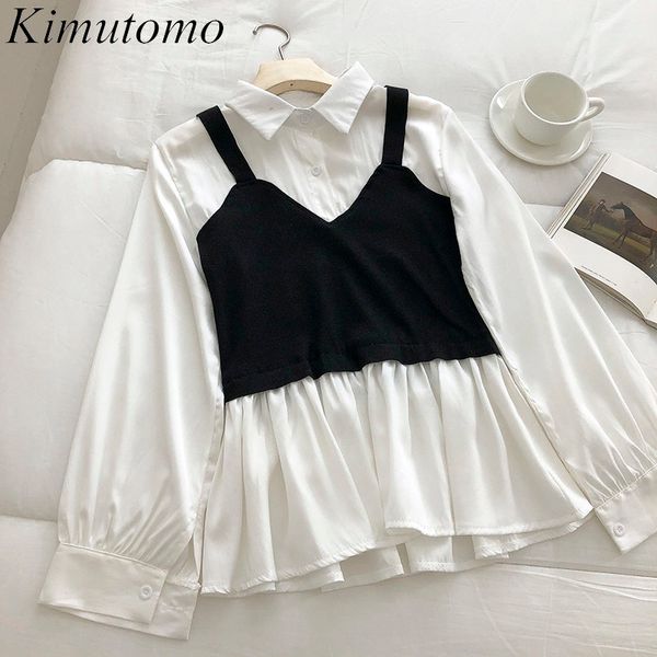 Kimutomo Mujeres elegantes elegantes blusas estilo francés camis remiendo falso de dos piezas de cuello de giro de dos piezas primavera otoño 210521