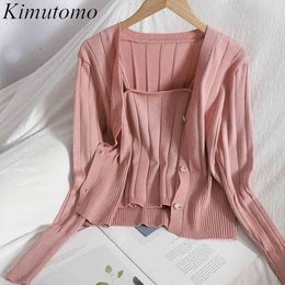 Kimutomo femmes ensembles printemps vêtements mince col en v à manches longues Cardigan + couleur unie fronde tricoté haut deux pièces costume casual 210521