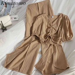 Kimutomo Femmes Ensembles D'été Taille Mince Court Col En V Manches Bouffantes Haut Solide + Irrégulier Évasé Split Pantalon Deux Pièces Costume Femme 210521