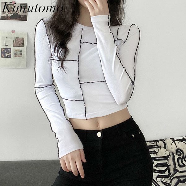 Kimutomo femmes T-shirts printemps automne Style occidental femme col rond à manches longues Patchwork solide hauts courts Streetwear mode 210521