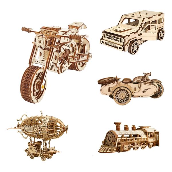 Tipos de rompecabezas de madera en 3D para niños, ensamblaje de modelos mecánicos de bricolaje, bloques de juguete para construir niños, motocicleta, barco aéreo, coche, tren 240124