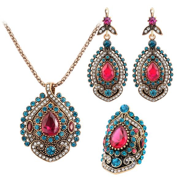 3 pièces Vintage colliers ensembles de bijoux pour femmes Antique or rose cristal fête de mariage boucles d'oreilles collier anneau femme turc bijoux