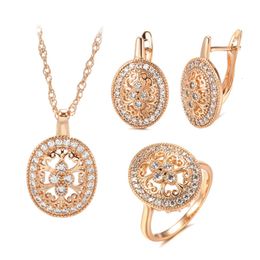Kinel Fashion 585 Collar de oro de rosa Juego de anillo de arete para mujer Flor étnica Flor de joyas de boda nupcial 240515