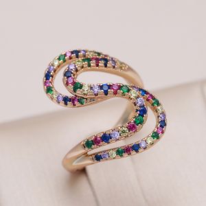 Kinel nouveautés 585 or Rose coloré Zircon arc-en-ciel anneau géométrique vague bagues pour femmes bijoux de mariage cadeau en cristal
