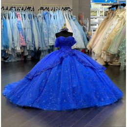 King Blue Sparkly Princess Quinceanera kleedt Off Shoulder Gillter Applique Sequins uitoefening Vestido de Debutantes Sweet 15 0531