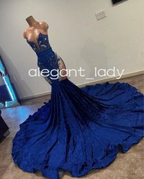 Koning Blauw Fluwelen Afrikaanse Prom Jurken voor Vrouwen Luxe Crystal Uitbenen Corset Twee Stukken Avondceremonie Gown vestido de festa