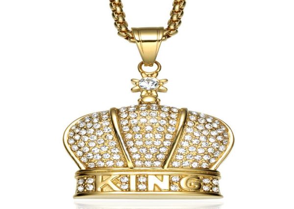 Collar con colgante de corona de rey, colgante de cristal con incrustaciones de acero inoxidable chapado en oro, cadena de 60cm, joyería de Hip Hop 8364067