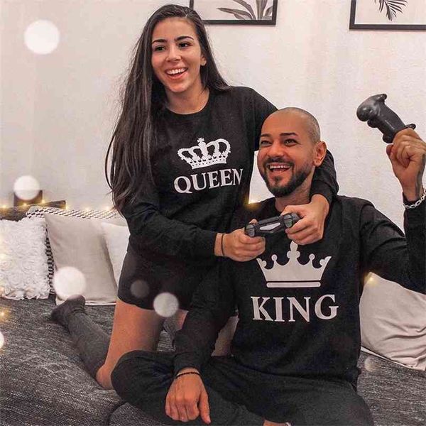 King Queen Crown 01 Imprimer Couple Vêtements Femmes Hommes Sweat Amoureux Brossé Casual Pulls Chérie Cadeau Vintage Dames Top 210805