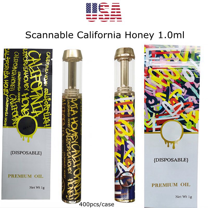 USA Stock California Honey Disposable Vape Pen 1.0ml Thick Oil Empty Devices 400mah Rechargeable Battery Cali Honey Mylar Bag Packaging Overnight Service