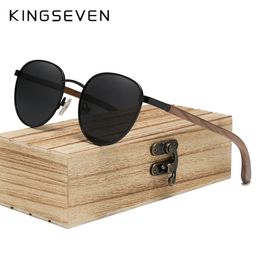 Lunettes de soleil en bois polarisées de marque Kingseven pour hommes Femmes UV400 Miroir Lens Eyewear rond Cadre Round Fais de soleil 240411