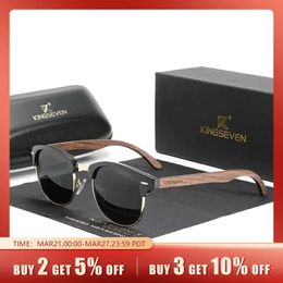 Kingseven Handmade Black Walnut Wooden Sunglasses Men Polarise UV400 Protection Semi-Rimless Retro Eyewear Women for Driving 240323