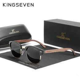 Kingseven Handmade Black Walnut Wooden Sunglasses Men Polarise UV400 Protection Semi-rimless Retro Eyewear Women Oculos 240411