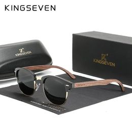 Kingseven Handgemaakte zwarte walnoot houten zonnebril mannen gepolariseerd UV400 Bescherming semi-randloze retro brillen brillen vrouwen oculos 240425