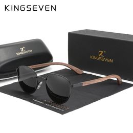 KINGSEVEN lunettes de soleil rondes en bois de noyer faites à la main hommes femmes miroir polarisé lunettes de soleil mâle Steampunk nuances 220511