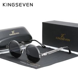 Kingseven Hoge kwaliteit Gotische Steampunk zonnebril Polariseerde Men Women Brandontwerper Vintage Round Metal Frame Sun Glasses 240425