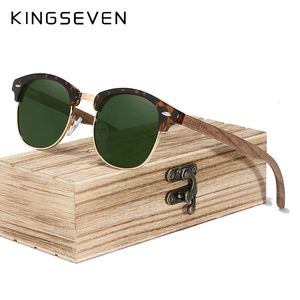 Kingseven zonnebrillen voor mannen gepolariseerd UV400 Wood Women Round Frame Sun Glazen Brand Vintage Protection Eyewear Patchwork 240415