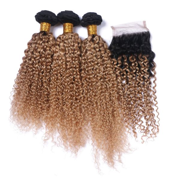 Kinky Curly 1B / 27 Honey Blonde Ombre Cheveux Humains 3 Bundles avec 4x4 Lace Closure Light Brown Ombre Malaisie Vierge Cheveux Humains Tisse