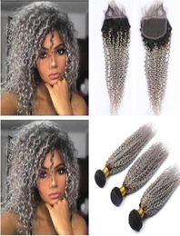 Curly Curly 1bgrey ombre Extensions de trame de cheveux humains malaisiens avec fermeture ombre argent gris vierge packs avec dentelle Closu756866913