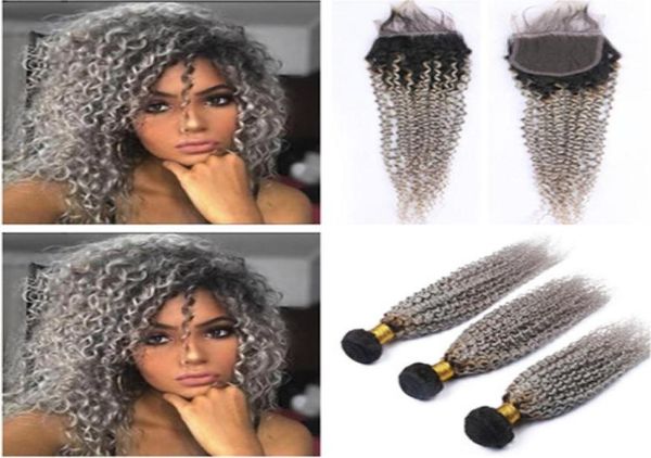 Curly Curly 1bgrey ombre Extensions de trame de cheveux humains malaisiens avec fermeture ombre argent gris vierge paquets avec dentelle Closu752618074