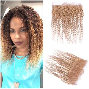 Kinky Curly # 27 Vierge Indien cheveux humains 13x4 Dentelle Frontal Blanchi Nœuds gratuit Moyen Partie III Honey Blonde pleine dentelle Frontal Fermeture