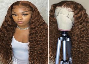Perruque Lace Frontal Wig 360 brésilienne bouclée crépue, perruque synthétique brune Deep Wave avec cheveux de bébé, nœuds blanchis, pour femmes noires, 2962078