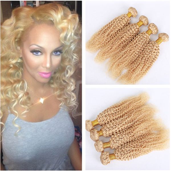 Kinky Curly Brésilien # 613 Blonde Extensions de Cheveux Humains 4 Pcs Golden Blonde Vierge Remy Bundles de Tissage de Cheveux Humains Afro Curly Double Trames