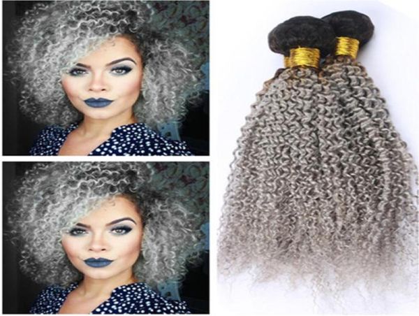 Kinky Curly Brasileño Gris Ombre Paquetes de tejido de cabello humano 3 Unids / lote 1B Silver Gris Raíz Oscura Ombre Virgin Human Hair Trama Extensio8711540