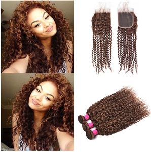 Crépus bouclés cheveux humains tisse avec fermeture en dentelle 4 Extension de cheveux bouclés brun moyen cheveux bruns 3Bundle avec fermeture supérieure 4x41911409