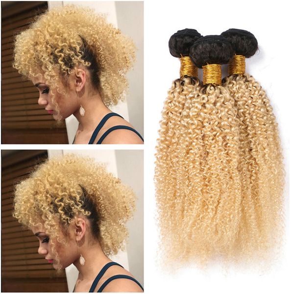Kinky Curly Indian Virgin Human Hair # 1B / 613 Blonde Ombre Weave Bundles 3Pcs Offres Afro Kinky Curly Hair Weaves