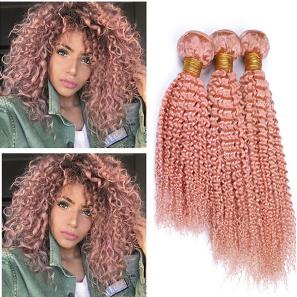 Paquetes de tejido de cabello humano brasileño virgen de color rosa claro rizado rizado 3 piezas / lote Color rosa puro Cabello humano virgen Trama doble 10-30 