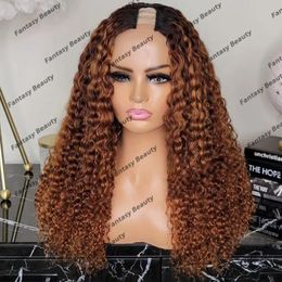 Pelucas de cabello humano rizado para mujer, color marrón dorado, Afo, 1x4, en forma de U/V, apertura de parte, sin pegamento, ajustable, extremo completo