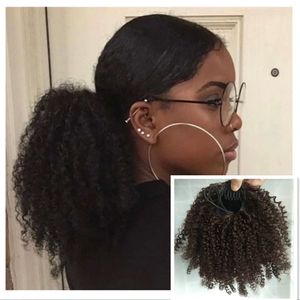 Kinky Krullend Ponytail Afro Pom Pom Haar Trekkoord Paardenstaart Afrikaanse 14 inch Afro Kinky Krullend Haarverlenging 120G Menselijk Bladerdeeg Haarstukje