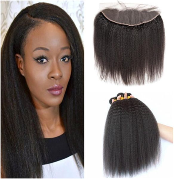 Kinky Straight 13x4 Full Lace Frontal Closure avec 4Bundles Italien Grossier Yaki Vierge Brésilienne Cheveux Humains Tisse Extensions avec 4901200