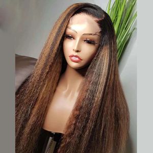 Perruque Lace Frontal Wig 360 naturelle indienne Remy, cheveux crépus lisses, à reflets blonds transparents, haute densité, avec Closure, pour femmes