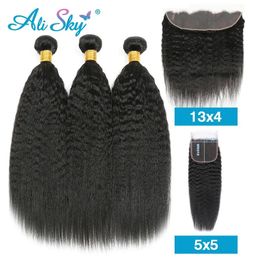 Paquetes de cabello humano liso rizado con cierre 4x4 5x5 largo 30 pulgadas Yaki Bunldes a Frontal 13x4 tissage bresilien 240229