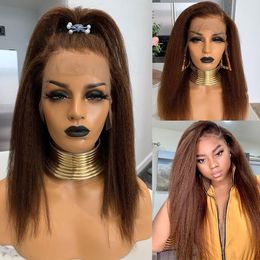 Kinky Straight Human Hair Lace Front Wig Pour Les Femmes Noires Media Brown Yaki Perruques Synthétiques Droites Avec Délié Naturel