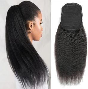 Extensiones brasileñas del pelo de la cola de caballo del pelo humano recto rizado con los clips en cordón grueso barato de la cola de caballo de Yaki F6712466