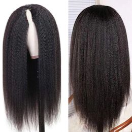 Peluca rizada recta con parte en V para mujer, cabello humano sin dejar fuera, sin pegamento, brasileño, Yaki, afro, 150% natural