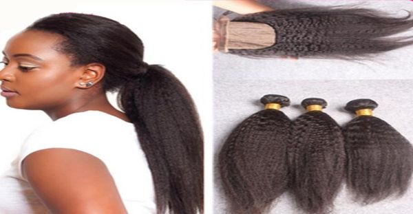 Rizado recto con cierre de encaje a base de seda 4 piezas lote Cierre de encaje de cabello humano Yaki grueso italiano con extensiones de cabello para mujer negra