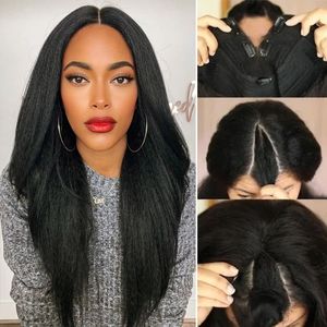 Kinky droite yaki v partie perruque cheveux humains sans laisser de côté naturel 3c 4a afro texture hd perruque de dentelle pour les femmes noires 150% densité DIVAWIGS