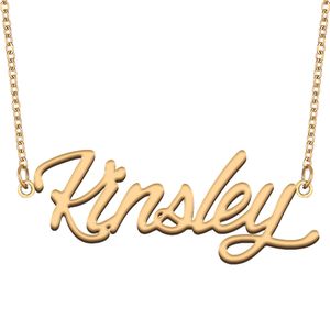 Kinsley nom collier personnalisé plaque signalétique pendentif pour femmes filles cadeau d'anniversaire enfants meilleurs amis bijoux en acier inoxydable plaqué or 18 carats