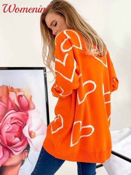 Kintted Heart Cardigan for Women Séter naranja en v-cuello botón de impresión de estampado Séteres de manga larga Autumn Invierno Tops