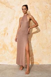 Kintted Swimwear Cover Up Sexy Backless Bodycon Bandage Summer Long Maxi Robe Beach Bikinis Cover-up Elegant Robe