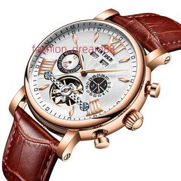KINYUED personnalisé livraison directe de luxe reloj montres automatique squelette mécanique tourmilliard montre