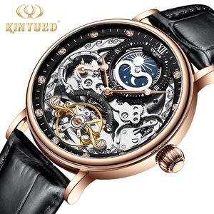 Kinyed mechanische automatische horloge mannen tourbillon polshorloge sport klok mechanisme zelf kronkelende horloges casual maan horloge man