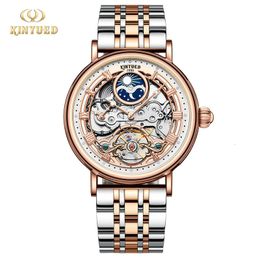 Kinyued Mens Luxury Skeleton Watch Automatic Mechanical Chepping Montres multifonction lumineuse Two Time Inoxydless Steel 240419