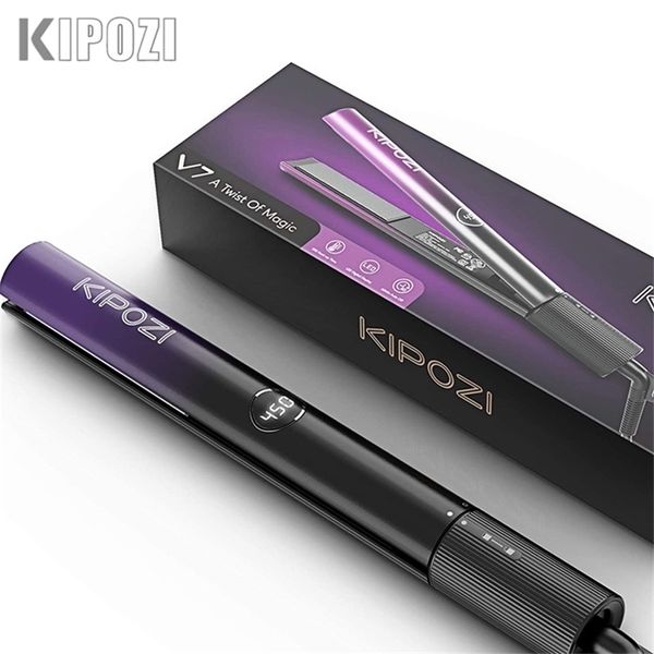 KIPOZI Lisseur cheveux 2 en 1 Fer plat Curling Nano Chauffage instantané avec écran LCD numérique 220623