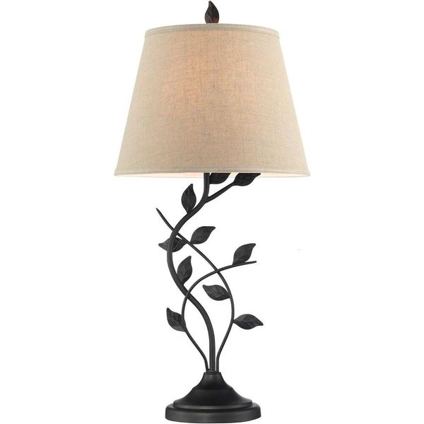 Kira Home Ambrose 31 Lampe de table rustique traditionnelle avec abat-jour en tissu beige, corps détaillé en forme de feuille, ampoule LED économe en énergie, finition noire mate