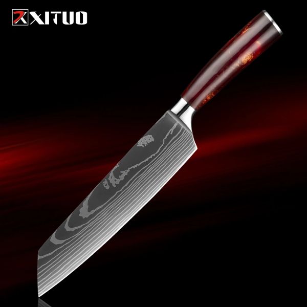 Kiritsuke Chef couteau 8inch couteaux de cuisine en carbone élevé en acier pointu à viande à viande de viande de viande couteau couteau à couteau rouge manche
